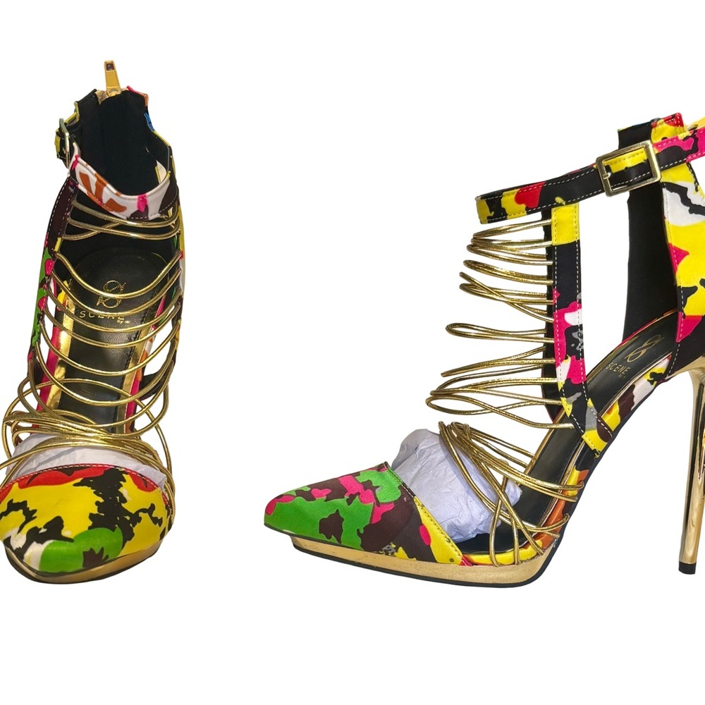 Shoe Dazzle Multicolor Camouflage Gold-Strap Stiletto Heels